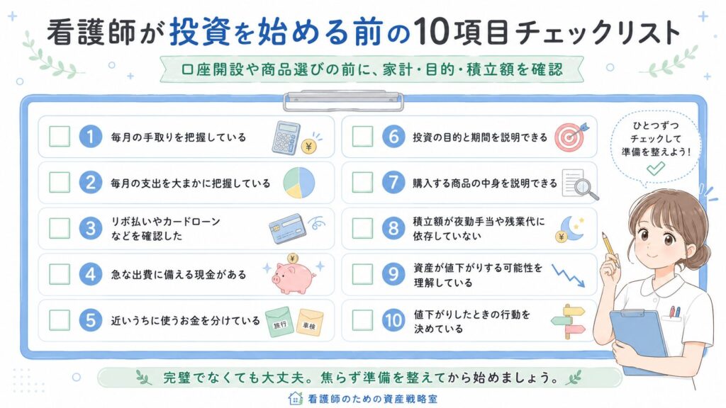 口座開設や商品選びの前に、家計、生活防衛資金、積立額、投資目的を確認します。