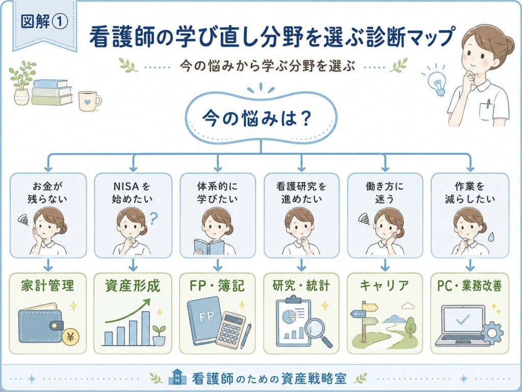 最初に本を決めるのではなく、現在の悩みから学ぶ分野を選びます。