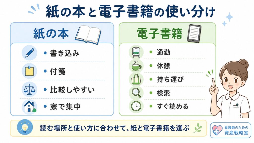 読む場所と使い方に合わせて、紙と電子書籍を選びます。
