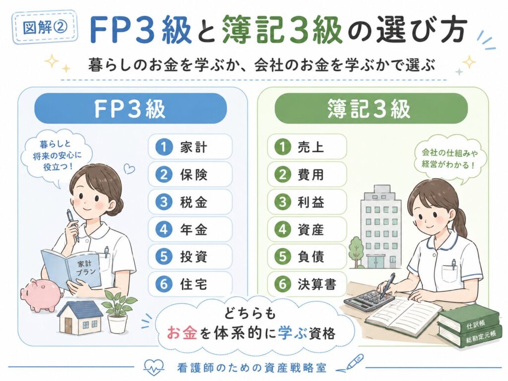 暮らしのお金を学ぶならFP、病院や会社のお金を学ぶなら簿記が候補になります。