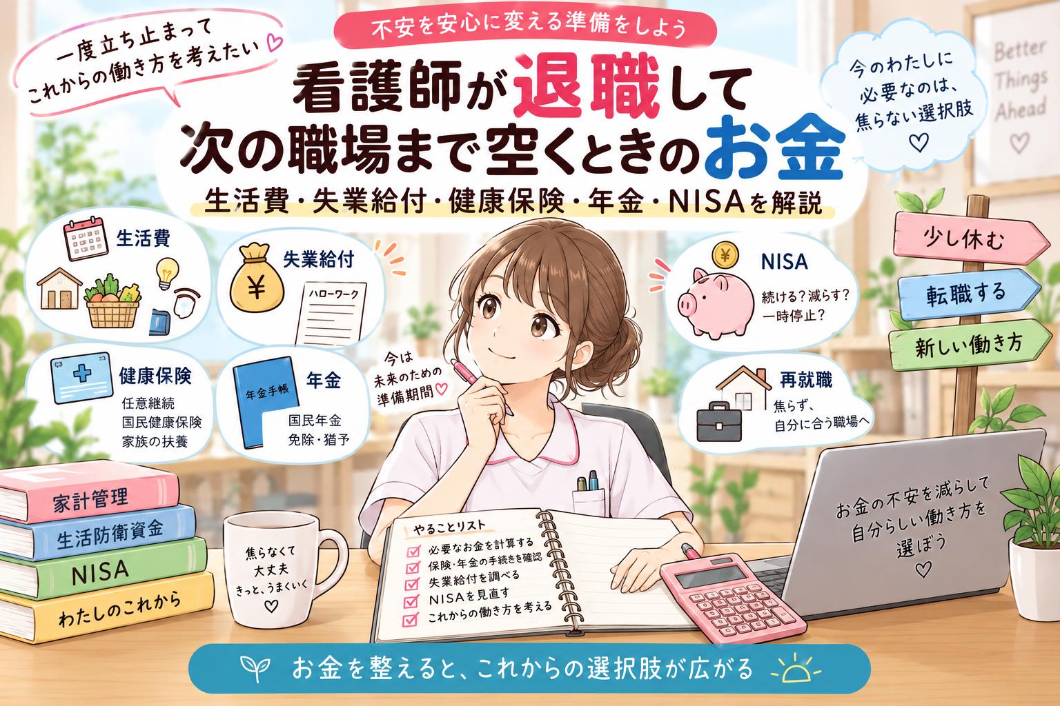 看護師が退職して次の職場まで空くときのお金|生活費・失業給付・健康保険・年金・NISAを解説